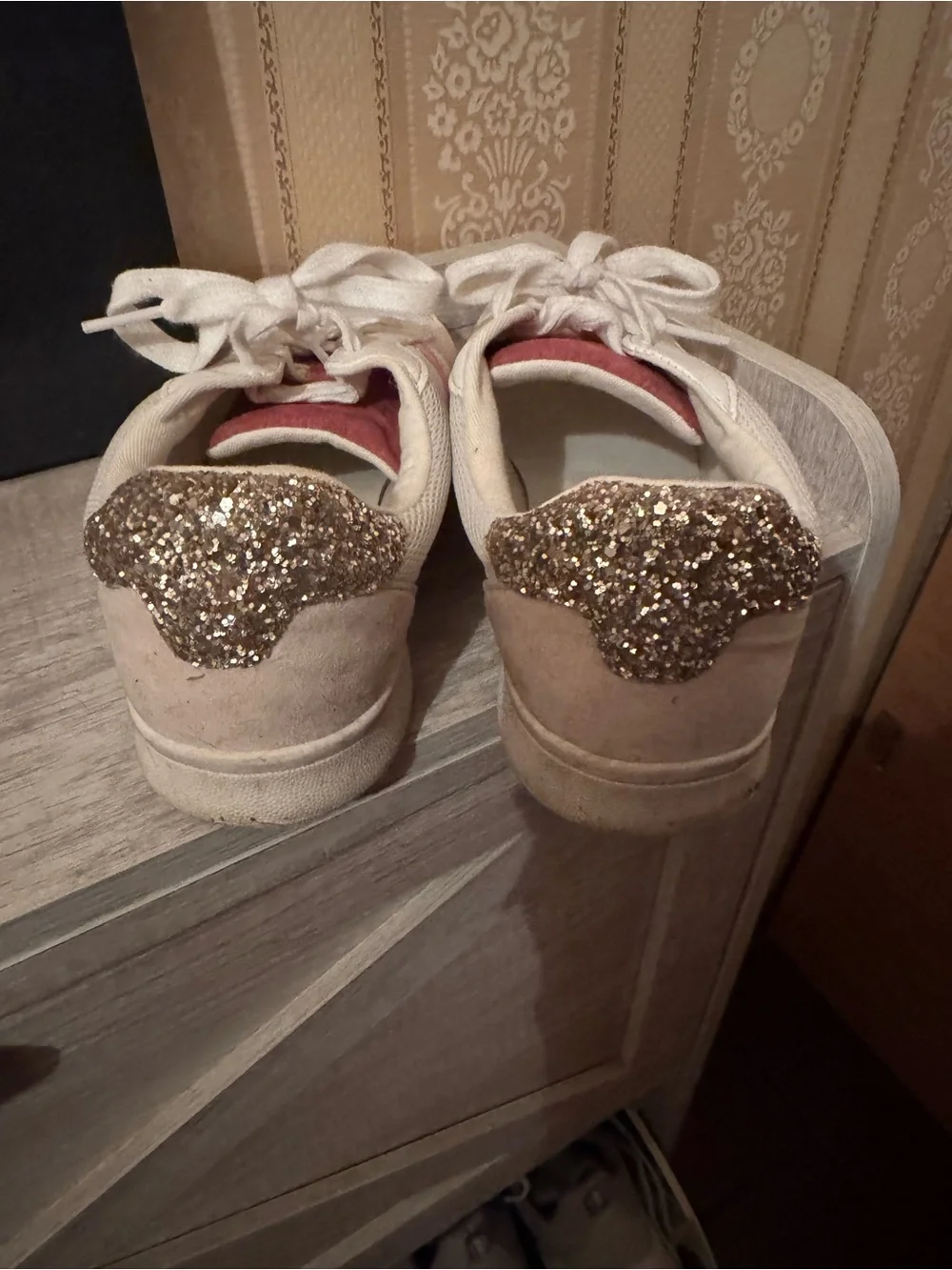 Old Navy White Sneakers with Pink Stripe and Gold Heel